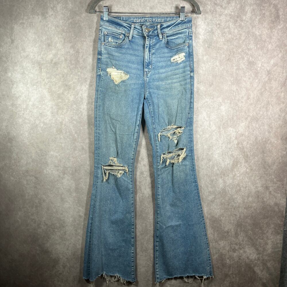 American Eagle Super Hi-Rise Flare Jeans Womens 4 Blue Denim Distressed Stretch